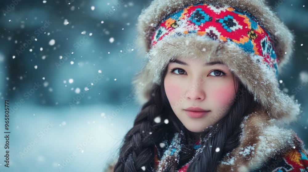Beautiful Eskimo or Inuit girl in traditional clothes national costume on Snowy Landscape Setting Beautiful Eskimo or Inuit girl in traditional clothes national costume on Snowy Landscape Setting