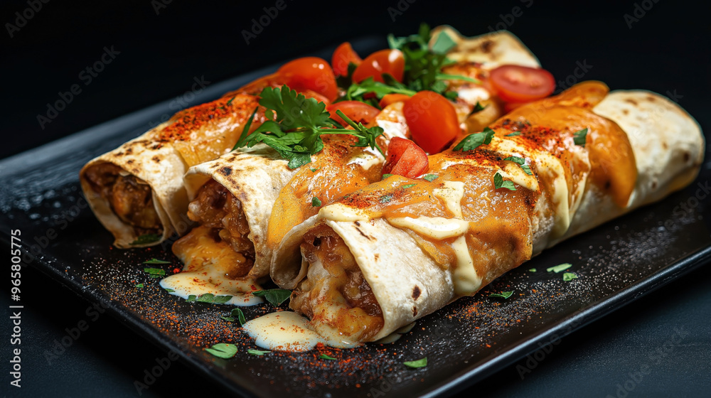 Three delicious enchiladas topped with a rich cheese sauce, garnished with fresh cilantro, cherry tomatoes, and sprinkled spices, served on a black plate. Three delicious enchiladas topped with a rich cheese sauce, garnished with fresh cilantro, cherry tomatoes, and sprinkled spices, served on a black plate.