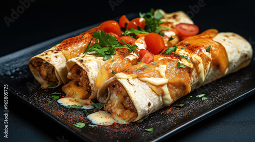 Three delicious enchiladas topped with a rich cheese sauce, garnished with fresh cilantro, cherry tomatoes, and sprinkled spices, served on a black plate.