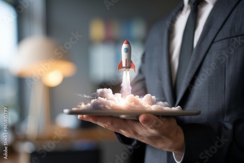 Businessman holding a tablet with rocket taking off from the screen, startup, business and technology concept. photo