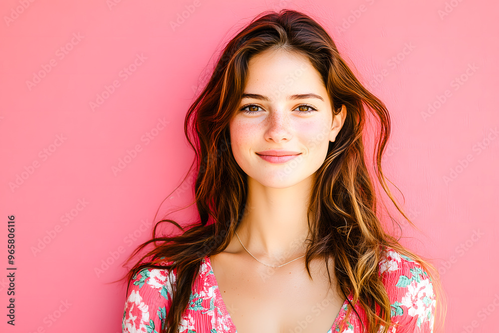 Jeune fille naturelle et souriante sur fond rose Jeune fille naturelle et souriante sur fond rose