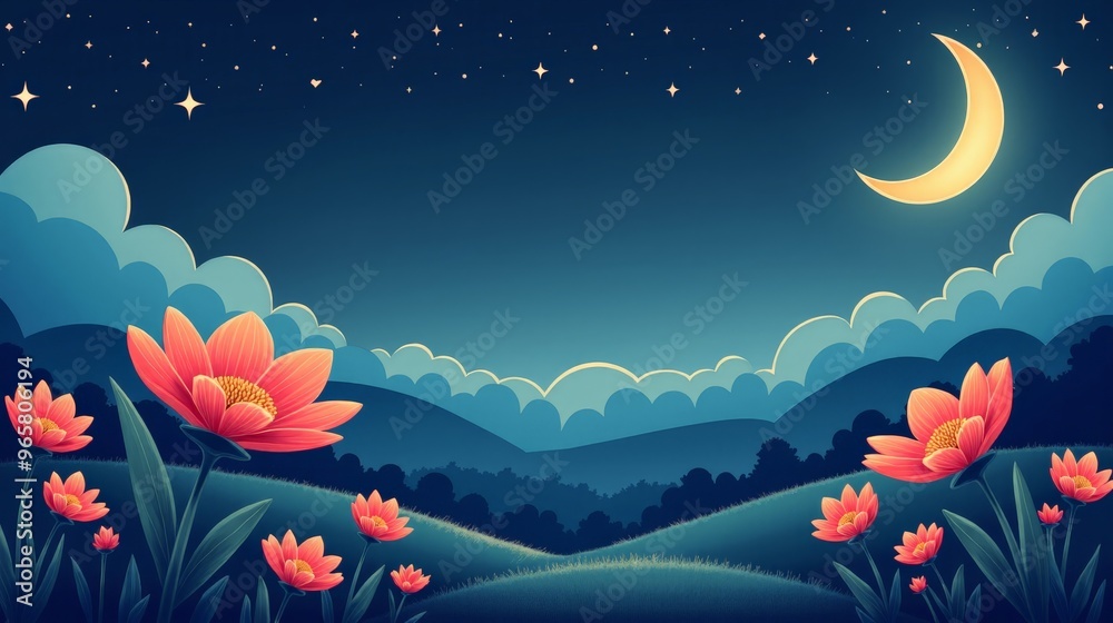 Tranquil Nature Scene Sleep Meditation Flowers Night Sky Stars Crescent Moon