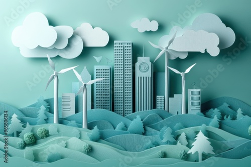 Sustainable Corporate Future - Paper Cut Business Skyscraper with Wind Turbines