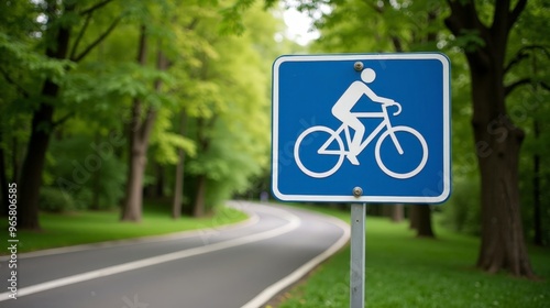 Dedicated Cycling Pathway With Blue Sign Surrounded By Trees Promoting Safe Biking Infrastructure photo