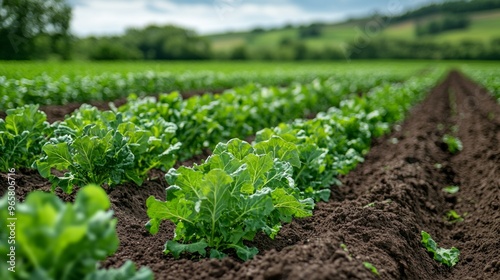 Organic Veggies in Sustainable Field, vibrant greens and earthy tones showcase healthy vegetables thriving in a well-tended eco-friendly farm, highlighting sustainable agriculture.