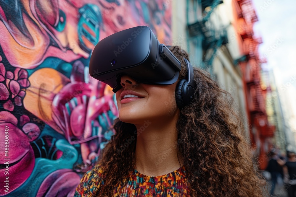A person equipped with a VR headset explores street art in an outdoor urban setting, representing a blend of technology and culture, where the tactile world meets digital landscapes. A person equipped with a VR headset explores street art in an outdoor urban setting, representing a blend of technology and culture, where the tactile world meets digital landscapes.