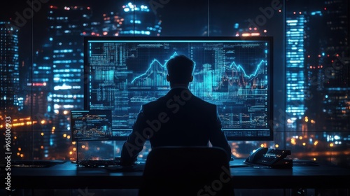 Wallpaper Mural Businessman analyzing holographic financial charts in a futuristic office, neon blue lighting, cyberpunk style, high detail Torontodigital.ca
