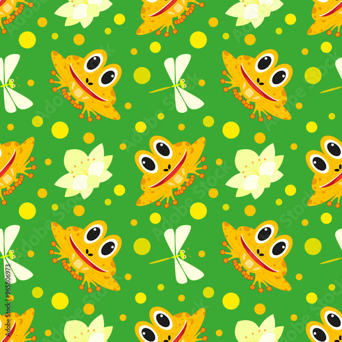 Vector illustration. Funny cartoon pond seamless pattern. Smiling frog, reed, acquatic plants, blooming lotus flower, dragonfly on bright background.