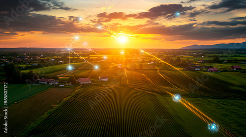 vibrant sunset scene over a farm, with solar-powered IoT sensors glowing in the fields, transmitting data to a central control hub