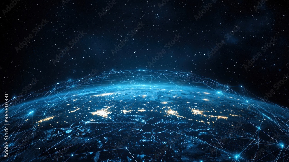 Obraz premium Abstract futuristic digital background with blue glowing global network and internet connections on a dark planet Earth globe. Digital technology, big data connection concept
