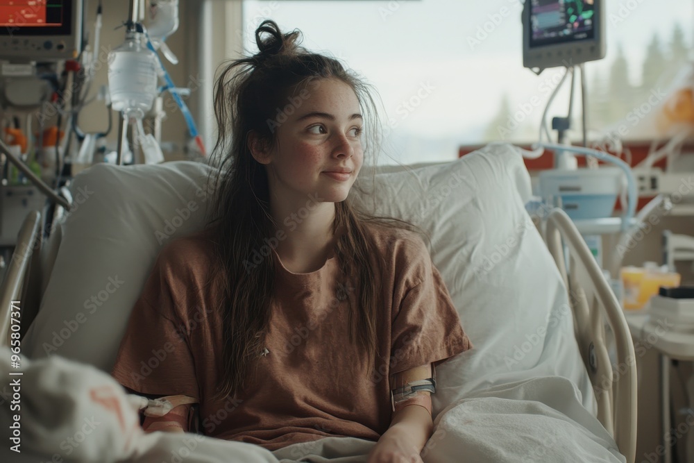 Young girl with a soft smile poses for a picture while seated in her hospital bed, capturing resilience and hope amidst a medical environment. Young girl with a soft smile poses for a picture while seated in her hospital bed, capturing resilience and hope amidst a medical environment.