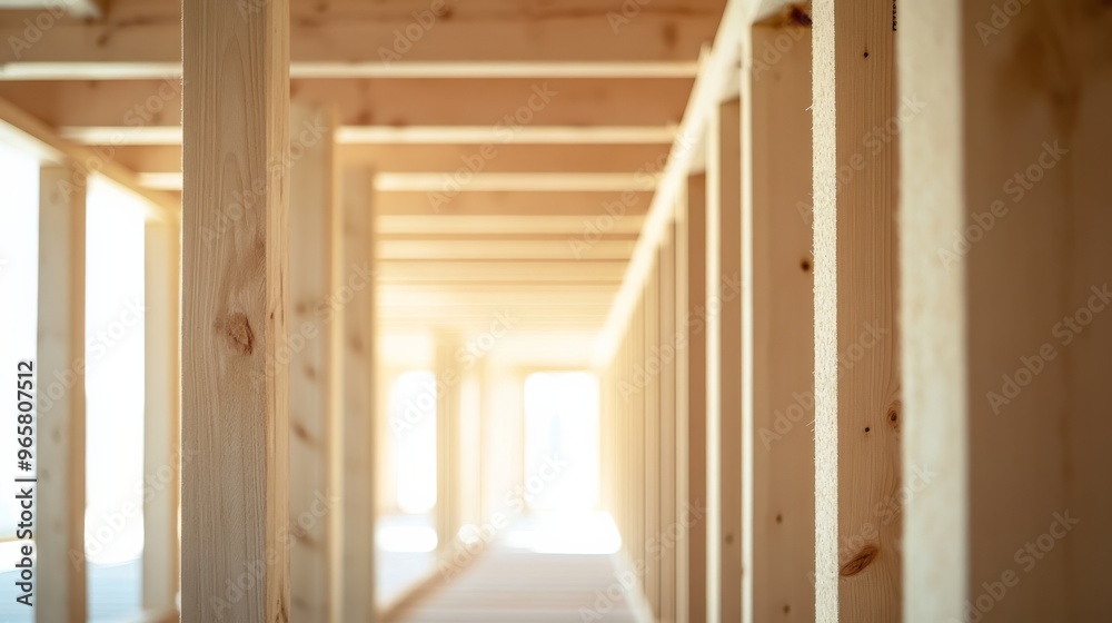 Close-up of wooden house frame construction, natural light Close-up of wooden house frame construction, natural light