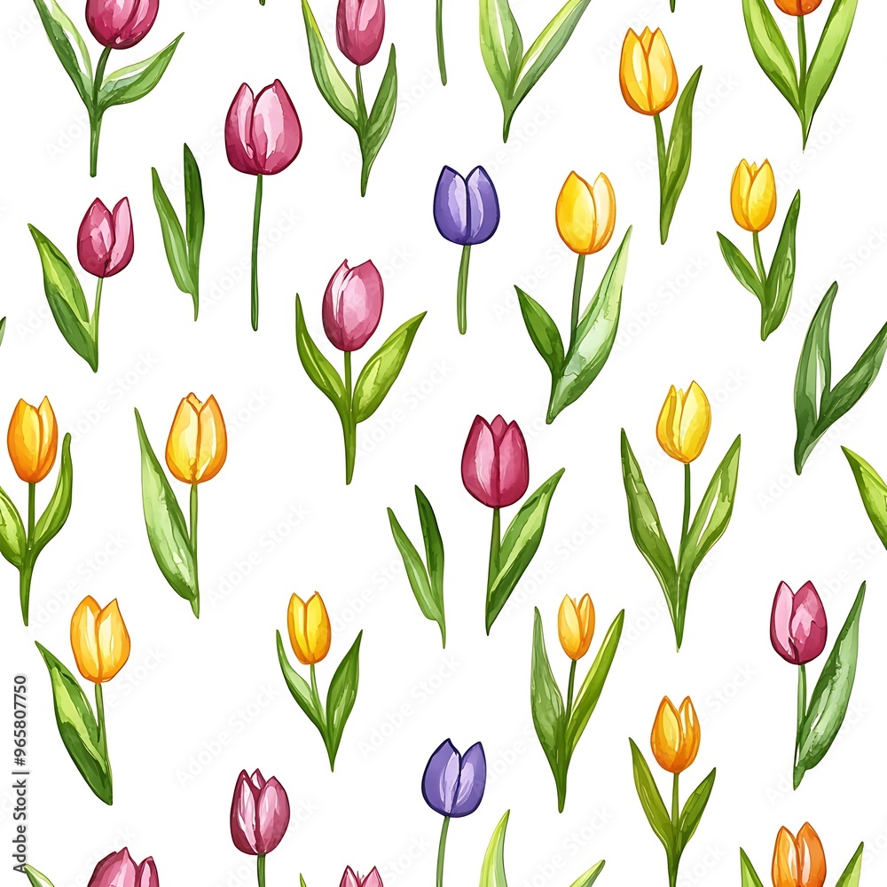 A Charming Pattern of Colorful Tulips and Green Leaves for Spring Decor A Charming Pattern of Colorful Tulips and Green Leaves for Spring Decor