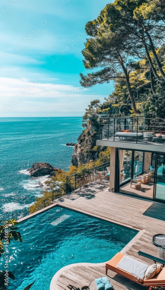 Fototapeta premium Luxury Infinity Pool Villa, Ocean View, Modern Architecture, Stunning Views, Idyllic Retreat.