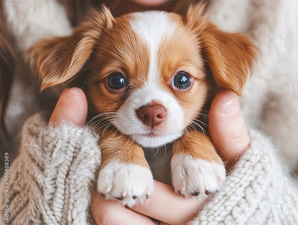 Adorable Puppy Cuddling in Gentle Hands, Warm and Cozy Home Atmosphere. Companionship and Domestic Bliss. Adorable Puppy Cuddling in Gentle Hands, Warm and Cozy Home Atmosphere. Companionship and Domestic Bliss.