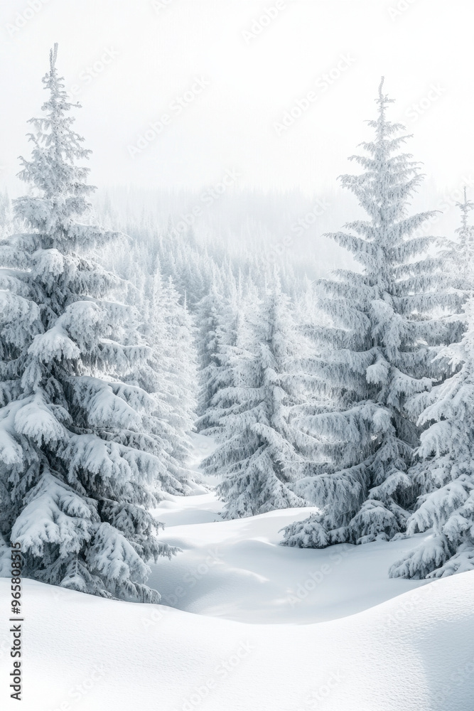 Winter Landscape, A calm winter scene with snow-covered trees under a gray sky, creating a serene and peaceful atmosphere in a snowy environment Winter Landscape, A calm winter scene with snow-covered trees under a gray sky, creating a serene and peaceful atmosphere in a snowy environment