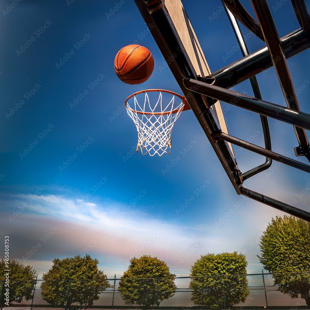 A basketball flying through the hoop and into the net. A classic shot of a basketball going through the net. A basketball flying through the hoop and into the net. A classic shot of a basketball going through the net.