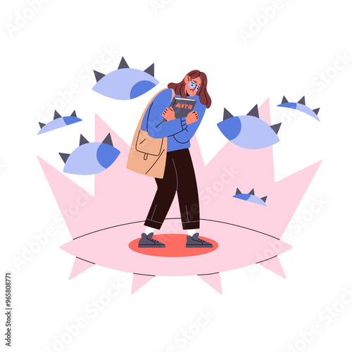 Fear of judgment concept. Teenager with psychological problems suffers from social blame, violence, cyber bullying, abuse in internet, school. Flat isolated vector illustration on white background