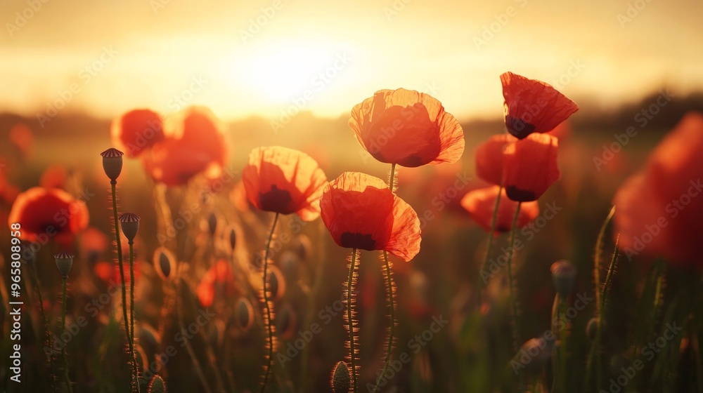 Obraz premium Bright red poppies swaying in the breeze, with a soft-focus countryside backdrop and a warm sunset glow