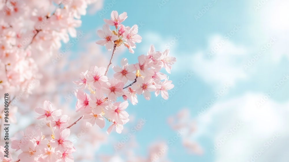Delicate cherry blossoms in soft focus, with a pastel blue sky and fluffy clouds in the background Delicate cherry blossoms in soft focus, with a pastel blue sky and fluffy clouds in the background