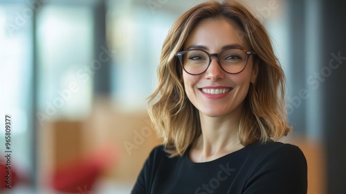 Joyful businesswoman in glasses, corporate office backdrop, vibrant atmosphere