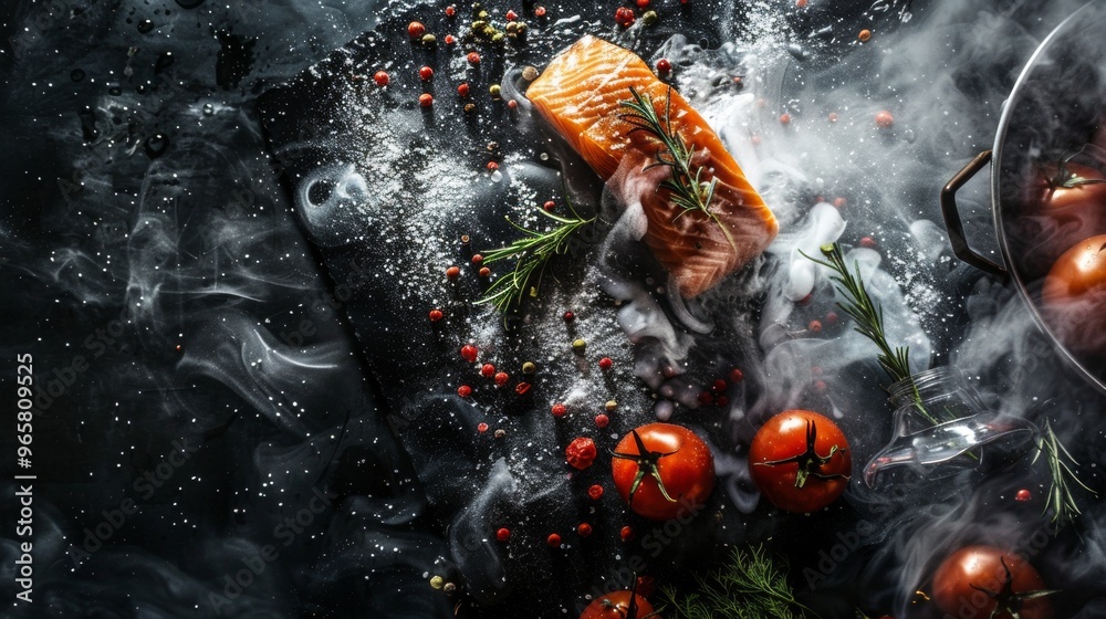 Smoked salmon with tomatoes and herbs on a dark culinary surface Smoked salmon with tomatoes and herbs on a dark culinary surface