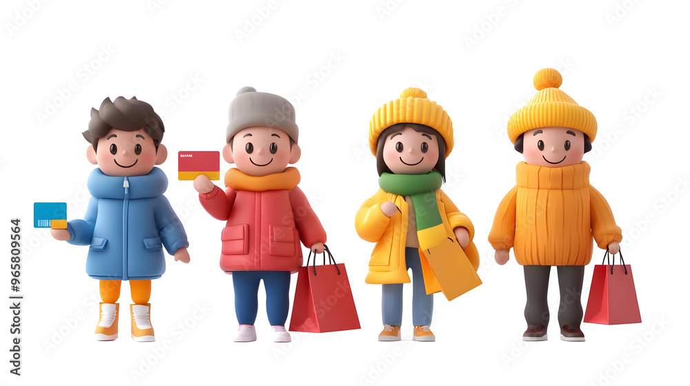 Four Happy Cartoon Shoppers with Shopping Bags on Transparent Background Four Happy Cartoon Shoppers with Shopping Bags on Transparent Background