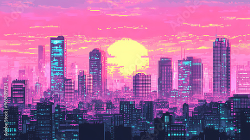 Pixel art city in vaporwave style, background in retro style for bit game, generative ai. Vaporwave. Illustration