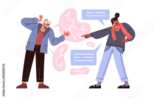 Irritated couple, angry friends quarrel in chat. People abuse, bullying with aggressive messages in internet. Communication problems concept. Flat isolated vector illustration on white background