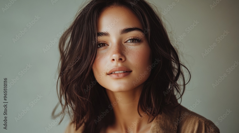 Refined woman in casual wear with simple background