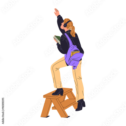 Student reaches with hand to book on high bookshelf in library. Girl climbs ladder to get textbook from bookcase in bookstore. Teen chooses literature. Flat isolated vector illustration on white