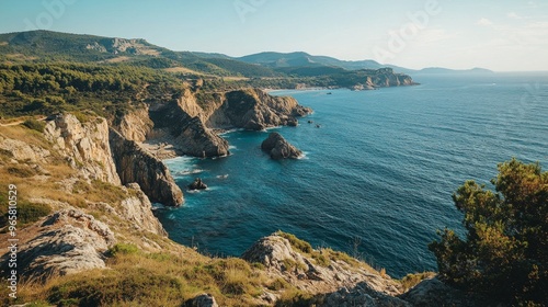 Stunning Coastal Overlook, breathtaking high vantage point reveals dramatic cliffs, endless ocean horizon, vibrant waves crashing against rugged rocks, serene sky above.