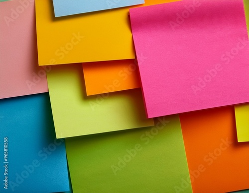 A collection of colorful sticky notes in various shades of pink, yellow, blue, green, and orange.