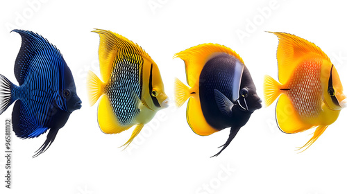 Four Tropical Fish Swim in Unison on a Transparent Background PNG