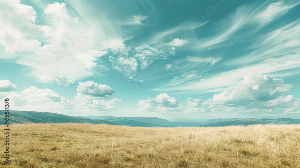 A sweeping view of a grassland on the mountaintop, with wispy clouds adding a gentle touch to the expansive sky above.