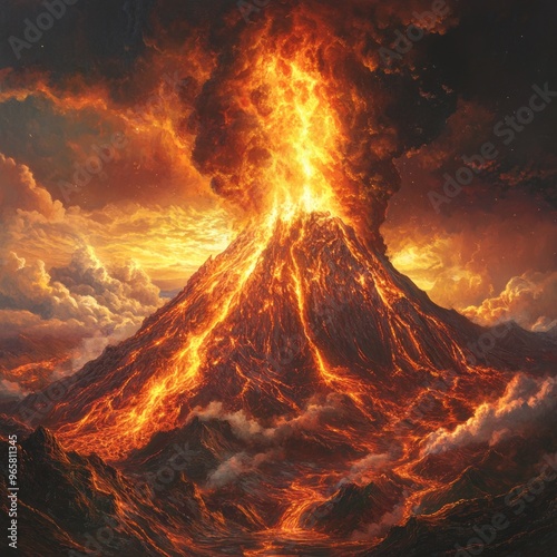 A volcano erupts with fiery lava and smoke.