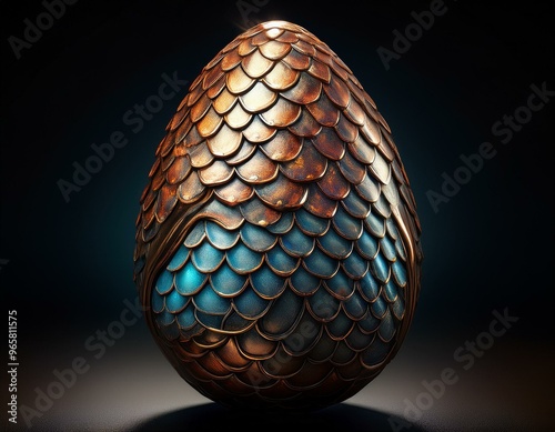A dragon egg with blue and brown scales. The egg is smooth and shiny. It is isolated on a black background.