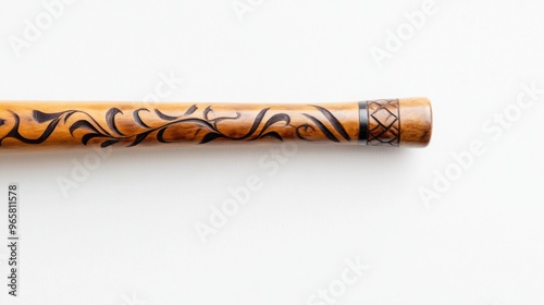 Traditional didgeridoo on a pristine white surface, emphasizing its distinctive shape and craftsmanship, a striking representation of cultural heritage and artistry. photo