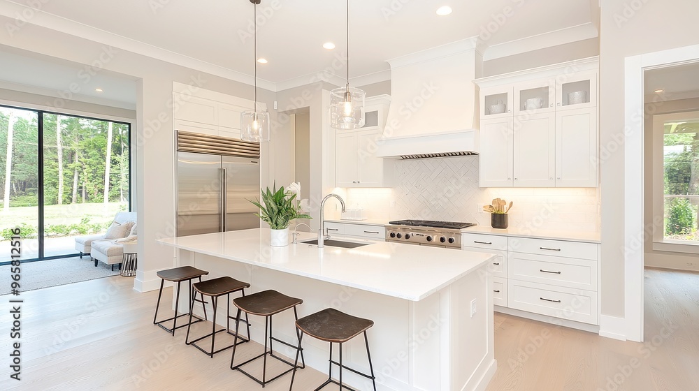 Elegant modern kitchen featuring a spacious island, stylish seating, sleek cabinetry, and contemporary finishes, creating a warm and inviting atmosphere for culinary creativity. Elegant modern kitchen featuring a spacious island, stylish seating, sleek cabinetry, and contemporary finishes, creating a warm and inviting atmosphere for culinary creativity.