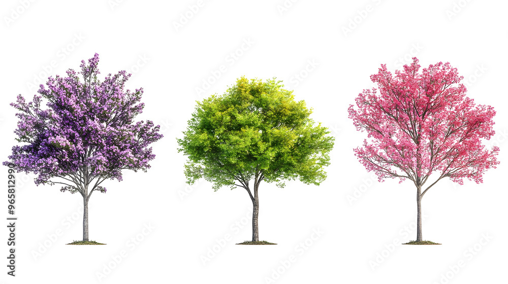 Fototapeta premium Three Isolated Trees in Full Bloom Displaying Vibrant Purple, Green, and Pink Leaves on a Transparent Background
