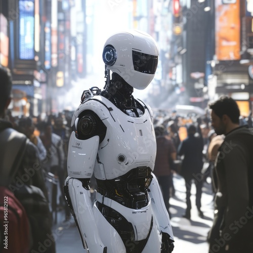 A white humanoid robot stands in a crowded city street.