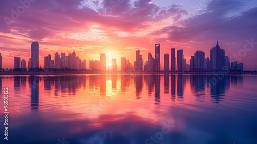 Panoramic view of a sophisticated city skyline with high-rise structures and a vibrant sunset sky, reflecting off the calm water below.