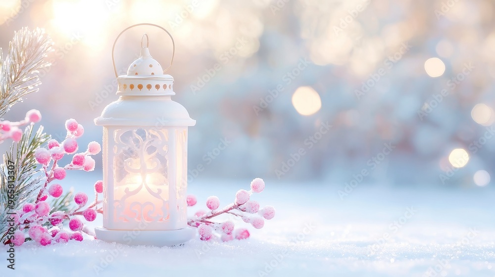 Christmas Lantern Glowing on Snowy Ground Surrounded by Fir Branches Bathed in Warm Sunlight Creating a Cozy Winter Atmosphere Christmas Lantern Glowing on Snowy Ground Surrounded by Fir Branches Bathed in Warm Sunlight Creating a Cozy Winter Atmosphere