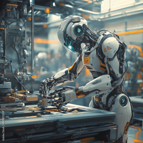 A white humanoid robot works on a futuristic assembly line.