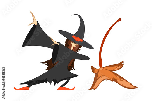 Vector illustration of witch with broom on transparent background