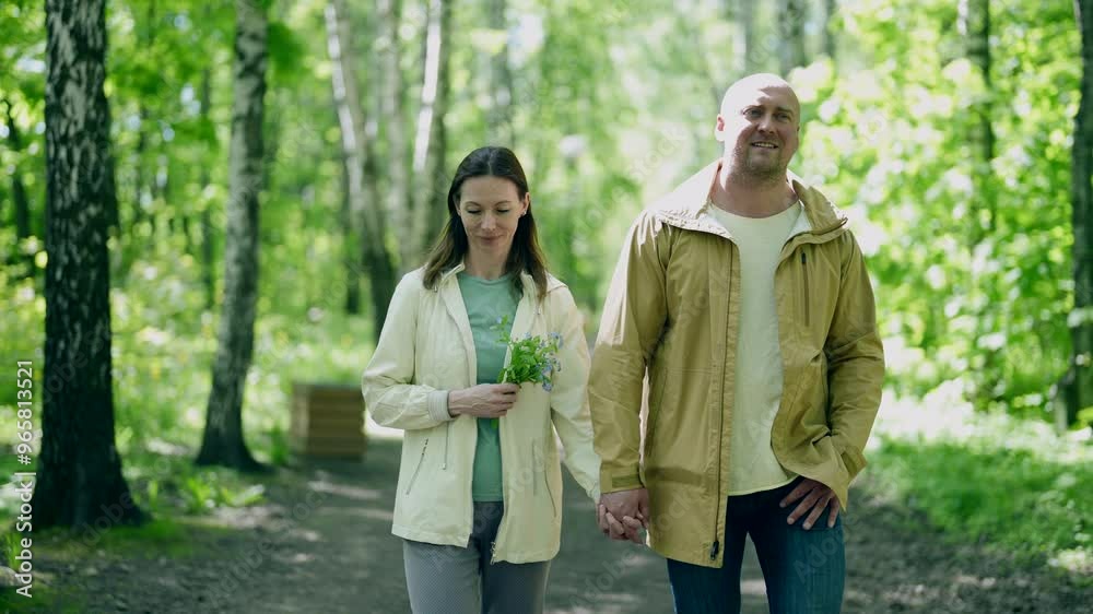 A couple holding hands while walking through a sunny forest. A woman carries a bouquet of wildflowers, and a man looks up at the sky with a smile, enjoying the moment. A couple holding hands while walking through a sunny forest. A woman carries a bouquet of wildflowers, and a man looks up at the sky with a smile, enjoying the moment.