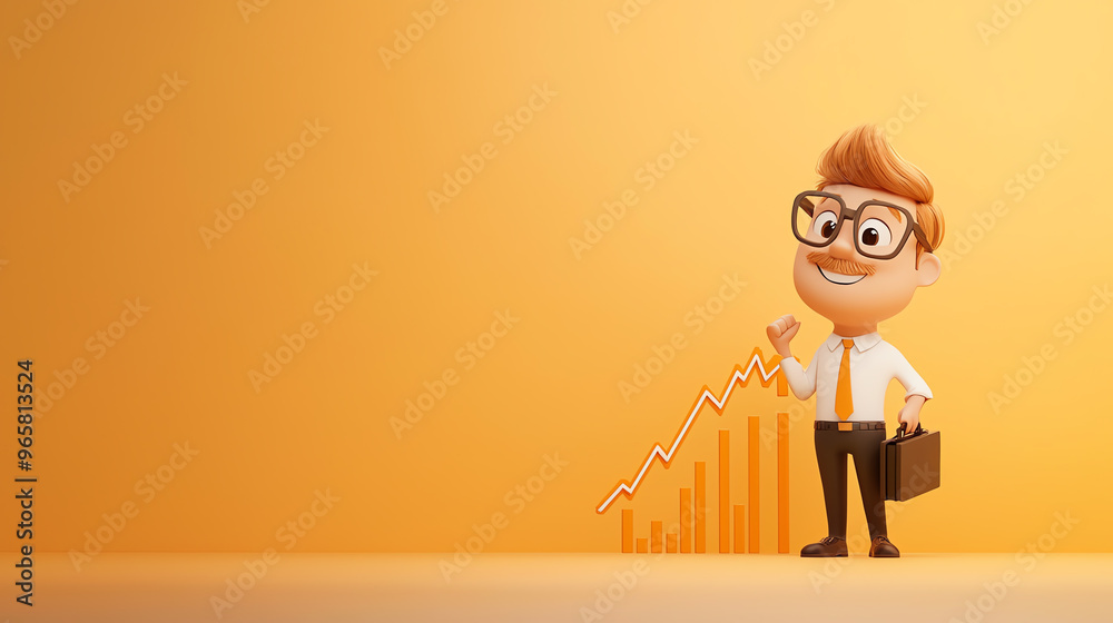 A cheerful businessman gestures towards a rising graph, symbolizing success and growth in a vibrant orange background.
