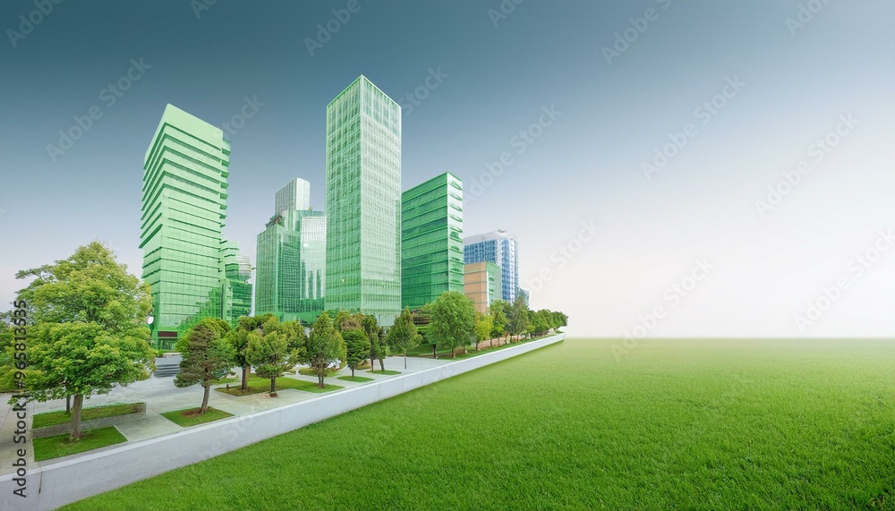 Obraz premium Modern urban skyline with green buildings and lush lawns, showcasing eco-friendly architecture and sustainable city planning.