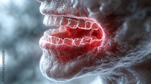 A medical illustration showing a throat with inflamed tonsils and a red, irritated surface. photo