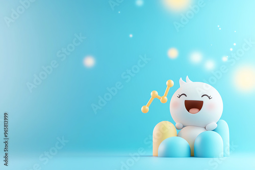 A cheerful cartoon character enjoying a moment of happiness against a soft blue background with playful design elements. photo